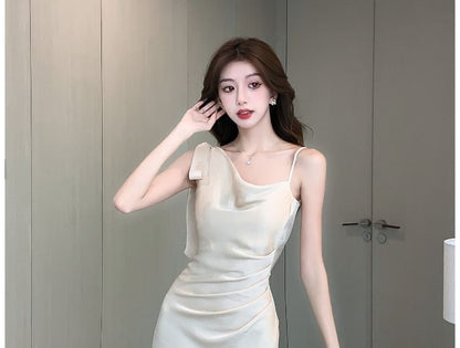 Plain Sleeveless Mermaid Neck Asymmetrical Satin Cowl Midi Ruched Dress