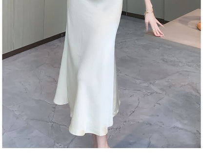 Plain Sleeveless Mermaid Neck Asymmetrical Satin Cowl Midi Ruched Dress