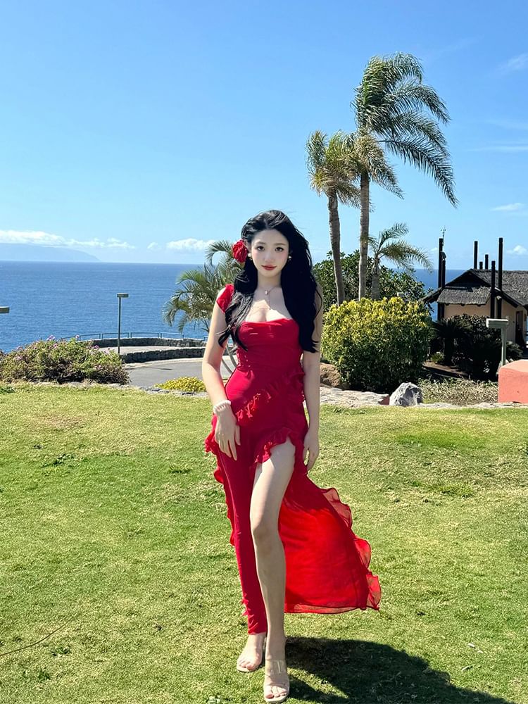 Ruffle Open Square Bodycon Maxi Trim Sleeveless Plain Slit Neck Dress Back