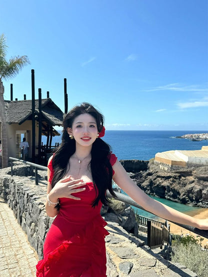 Ruffle Open Square Bodycon Maxi Trim Sleeveless Plain Slit Neck Dress Back