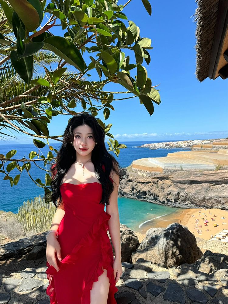 Ruffle Open Square Bodycon Maxi Trim Sleeveless Plain Slit Neck Dress Back