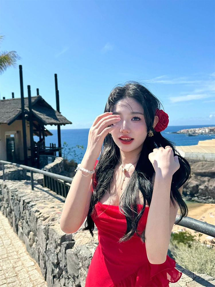 Ruffle Open Square Bodycon Maxi Trim Sleeveless Plain Slit Neck Dress Back