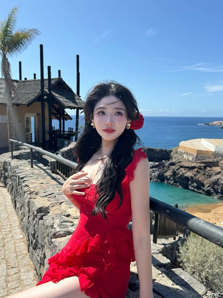 Ruffle Open Square Bodycon Maxi Trim Sleeveless Plain Slit Neck Dress Back