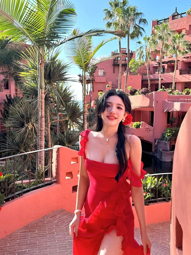 Ruffle Open Square Bodycon Maxi Trim Sleeveless Plain Slit Neck Dress Back