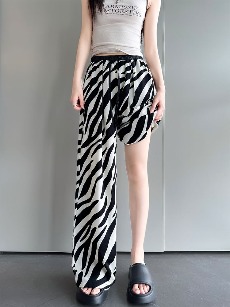 High Rise Animal Print Drawstring Wide Leg Sweatpants