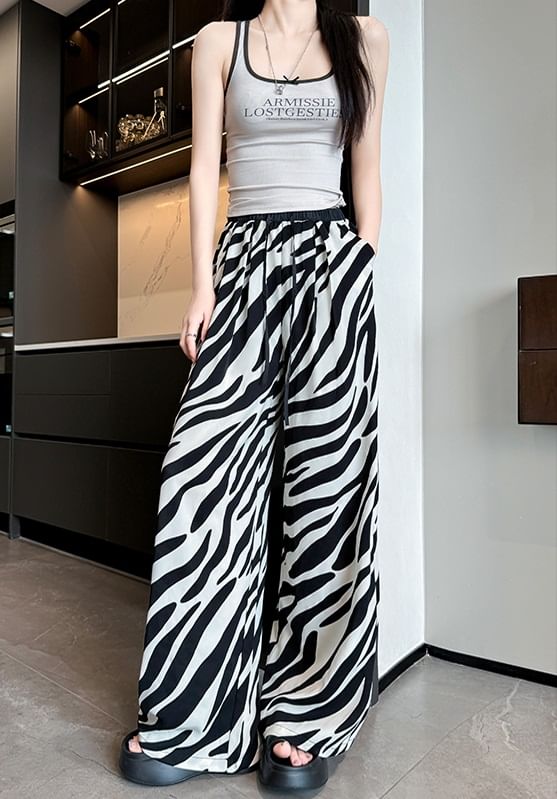 High Rise Animal Print Drawstring Wide Leg Sweatpants