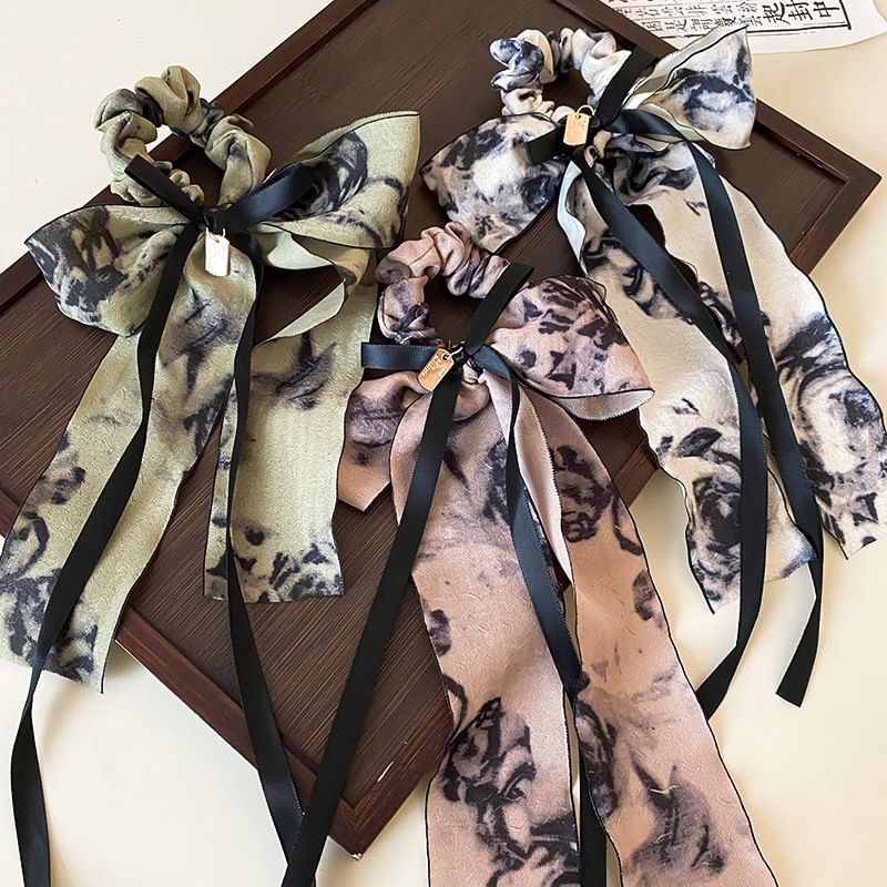 Elegant Retro Floral Print Bowknot Chiffon Hair Scarf Scrunchie