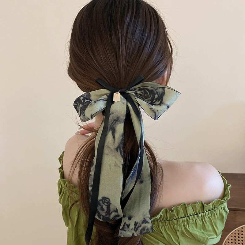 Elegant Retro Floral Print Bowknot Chiffon Hair Scarf Scrunchie