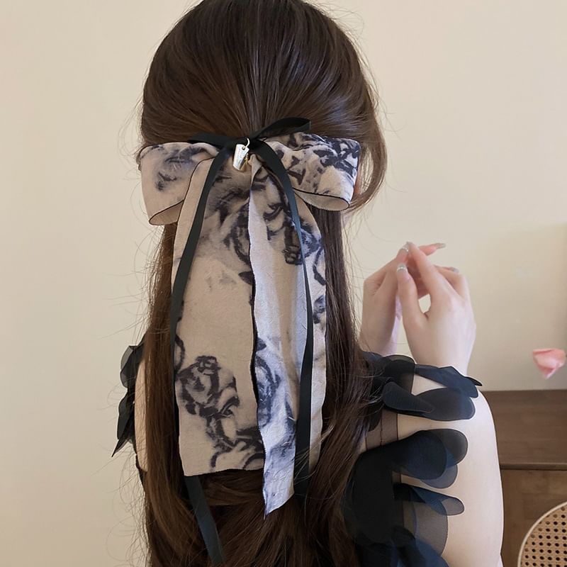 Elegant Retro Floral Print Bowknot Chiffon Hair Scarf Scrunchie