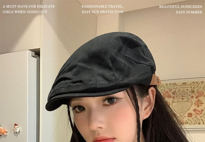 Black Cotton Beret With Brown Strap