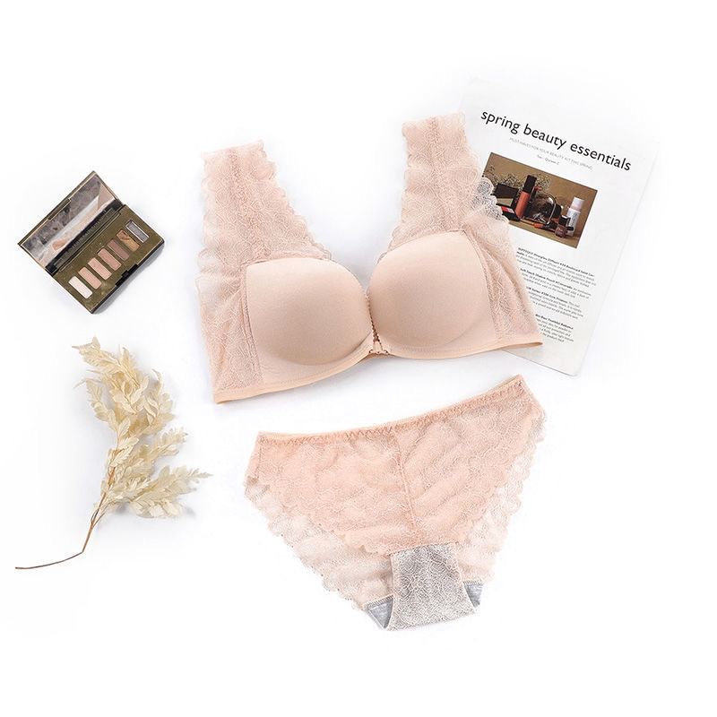 Plain Lace Panel Front Closure Wireless Bra / Panty / Set