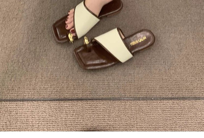 Square Toe Metal Accent Toe Loop Flat Slide Sandals