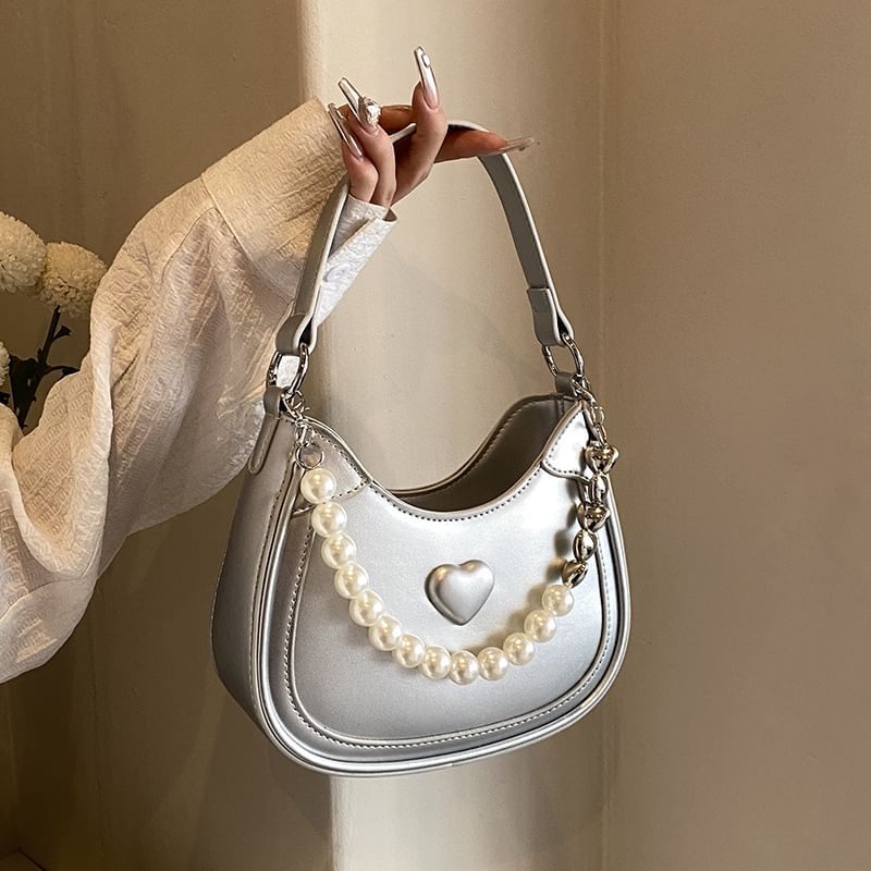 Heart Faux Pearl Chain Shoulder Bag