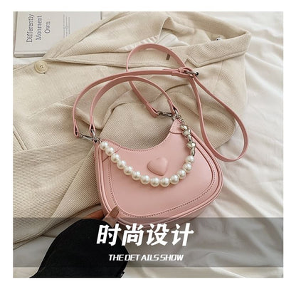 Heart Faux Pearl Chain Shoulder Bag