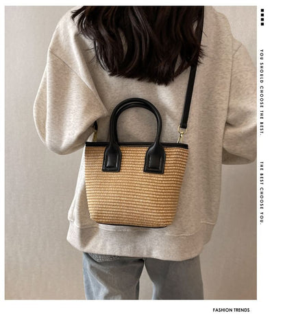 Straw Panel Crossbody Tote Bag