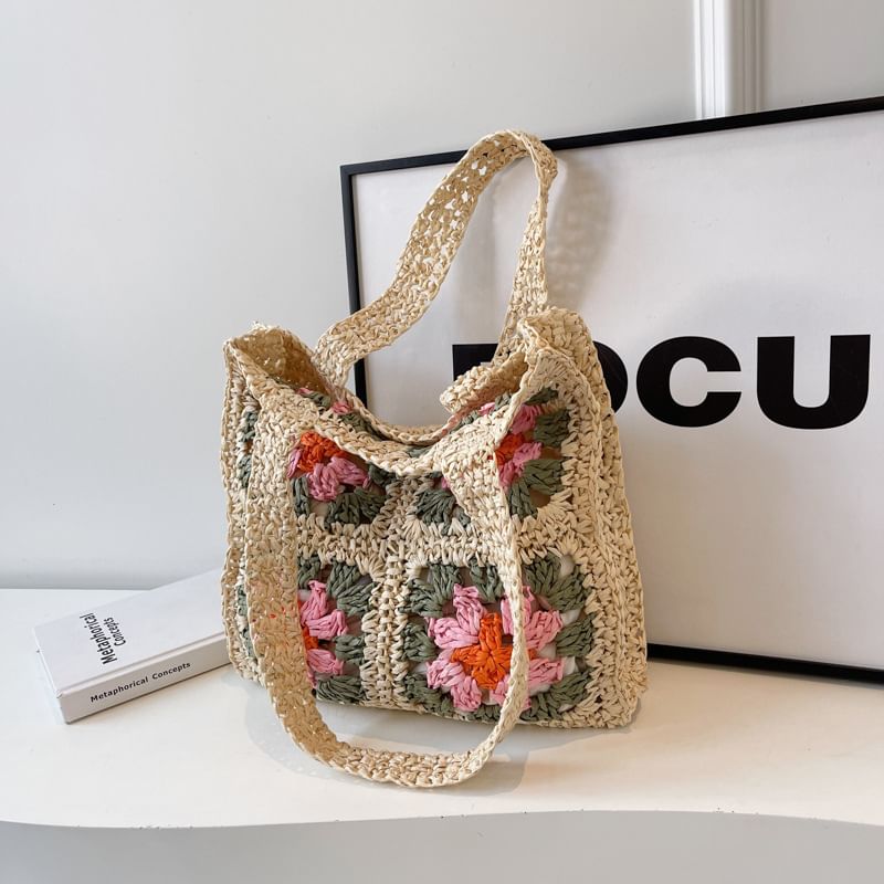 Floral Patterned Straw Tote Bag