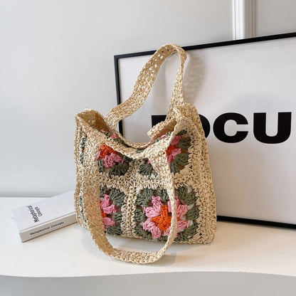 Floral Patterned Straw Tote Bag