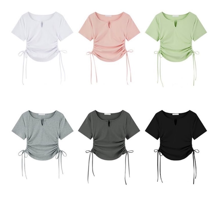 Tee Neck Plain Waist Short-Sleeve Drawstring Notch
