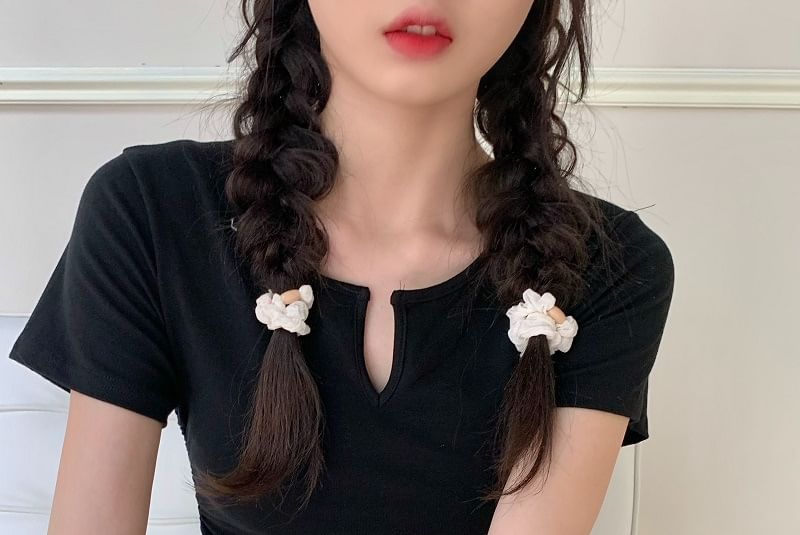 Tee Neck Plain Waist Short-Sleeve Drawstring Notch