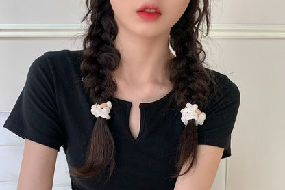 Tee Neck Plain Waist Short-Sleeve Drawstring Notch