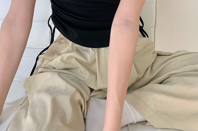 Tee Neck Plain Waist Short-Sleeve Drawstring Notch