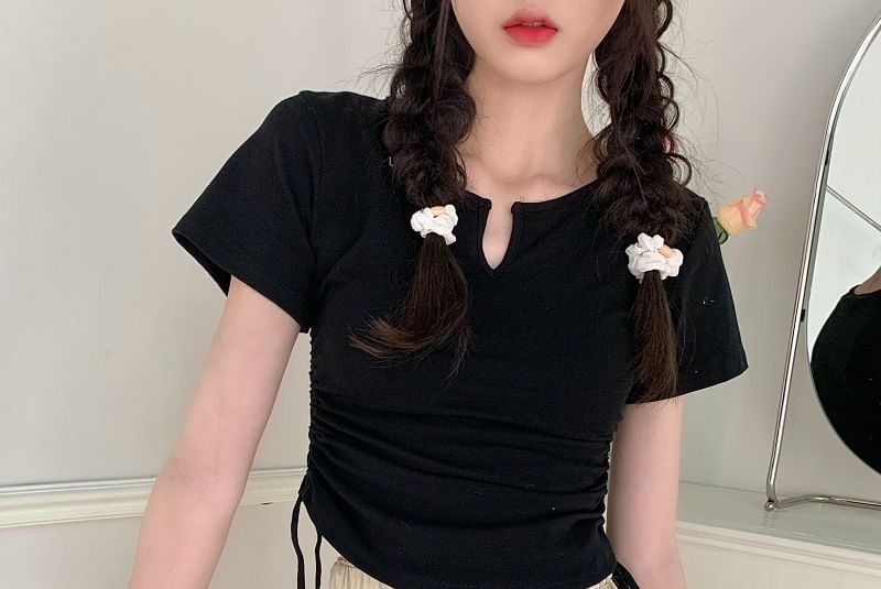 Tee Neck Plain Waist Short-Sleeve Drawstring Notch