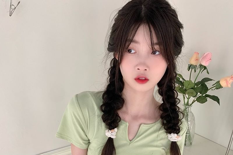 Tee Neck Plain Waist Short-Sleeve Drawstring Notch