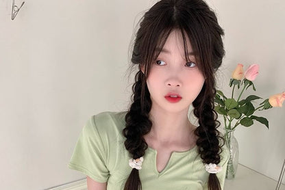 Tee Neck Plain Waist Short-Sleeve Drawstring Notch