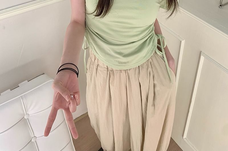 Tee Neck Plain Waist Short-Sleeve Drawstring Notch