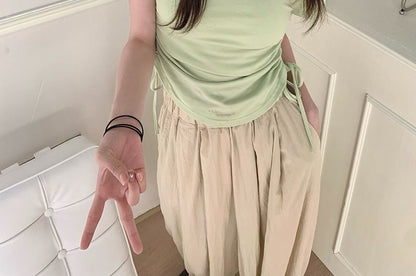 Tee Neck Plain Waist Short-Sleeve Drawstring Notch