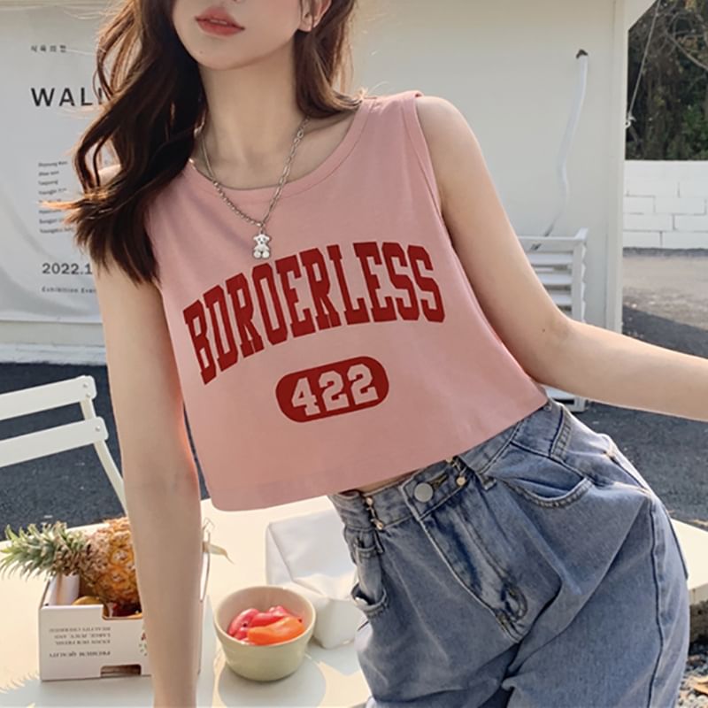 Tank Crew Print Neck Top Lettering Crop Numbering