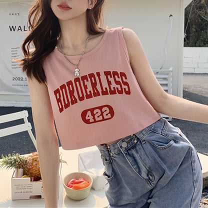 Tank Crew Print Neck Top Lettering Crop Numbering