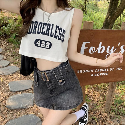 Tank Crew Print Neck Top Lettering Crop Numbering