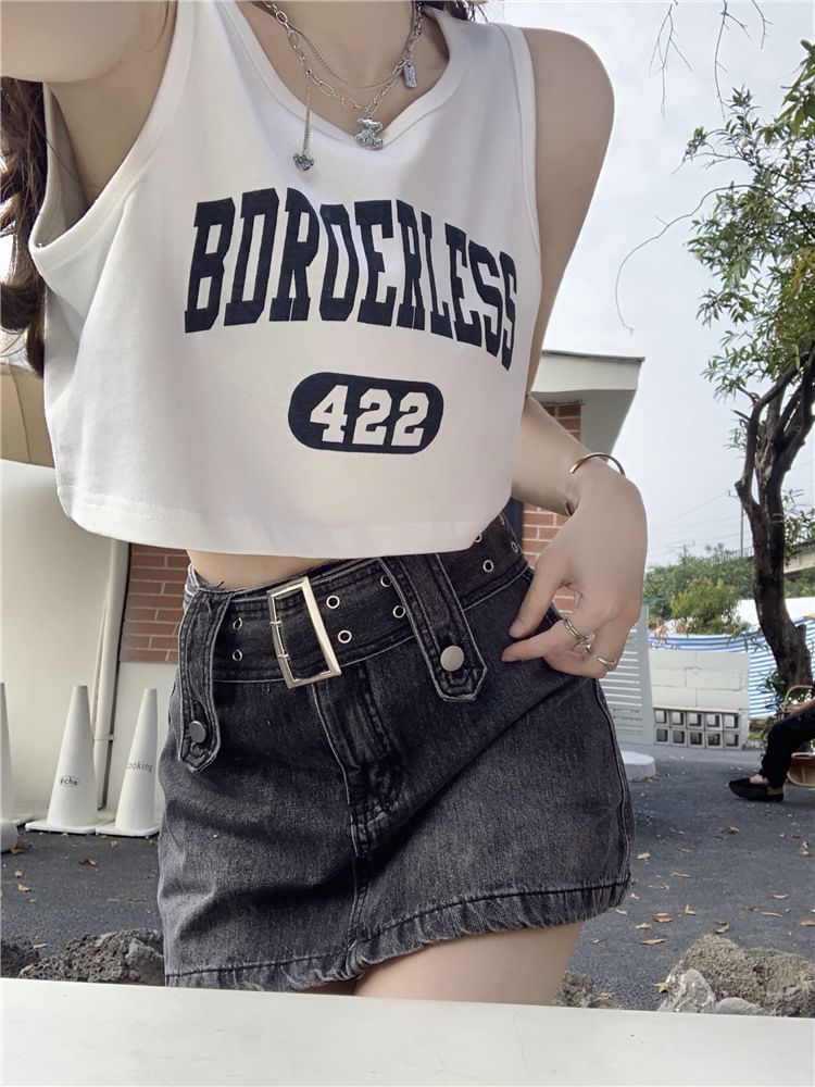 Tank Crew Print Neck Top Lettering Crop Numbering