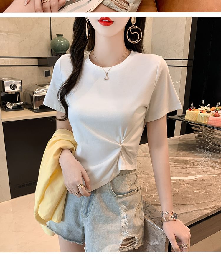 Plain Neck Short-Sleeve Ruched Asymmetrical Crew T-Shirt