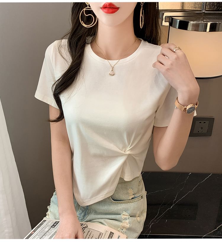 Plain Neck Short-Sleeve Ruched Asymmetrical Crew T-Shirt