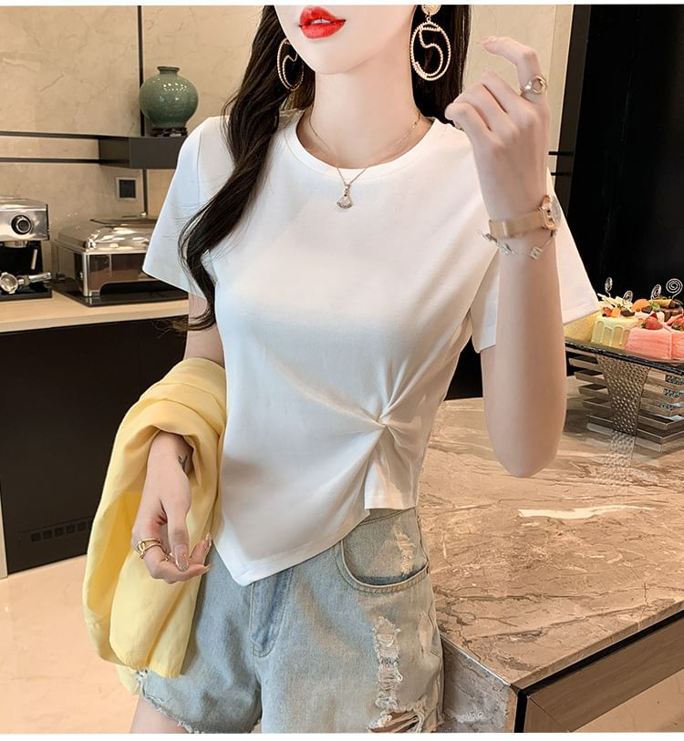 Plain Neck Short-Sleeve Ruched Asymmetrical Crew T-Shirt