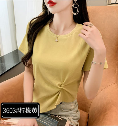 Plain Neck Short-Sleeve Ruched Asymmetrical Crew T-Shirt