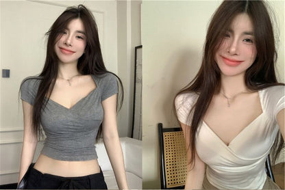 V-Neck Plain T-Shirt Short-Sleeve Wrap