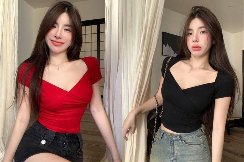 V-Neck Plain T-Shirt Short-Sleeve Wrap