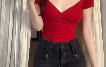 V-Neck Plain T-Shirt Short-Sleeve Wrap