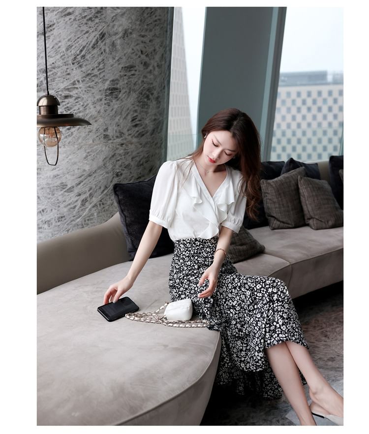 Print Midi Waist Elastic Skirt Floral A-Line