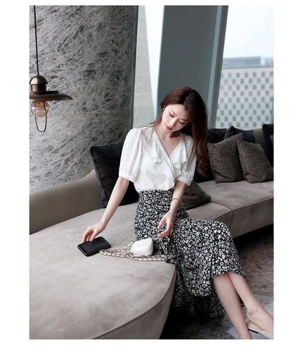 Print Midi Waist Elastic Skirt Floral A-Line