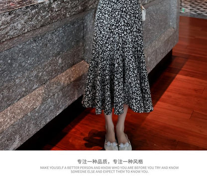 Print Midi Waist Elastic Skirt Floral A-Line