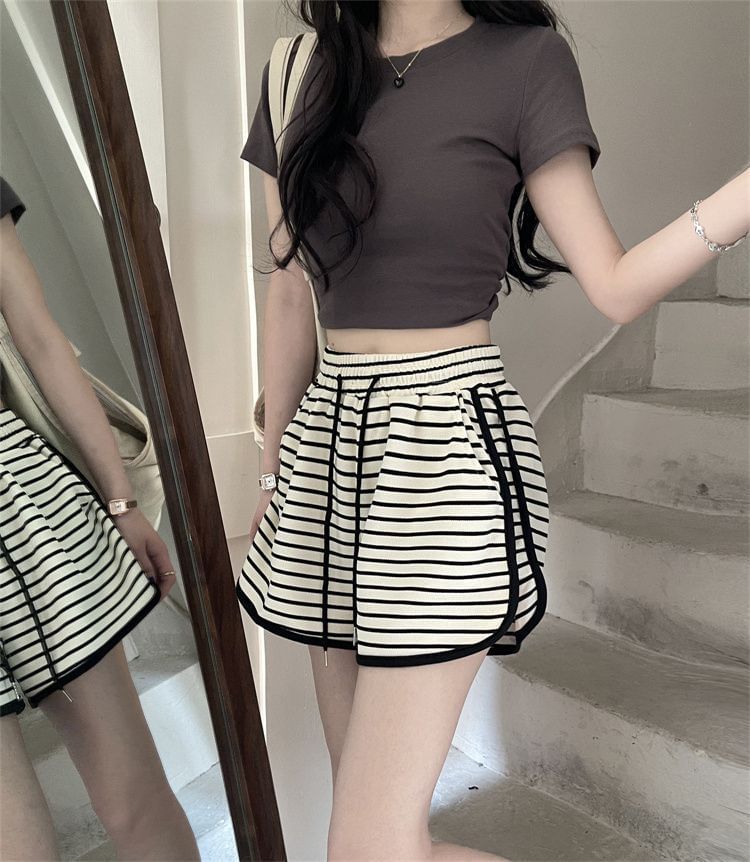 Shorts Drawstring Striped Waist