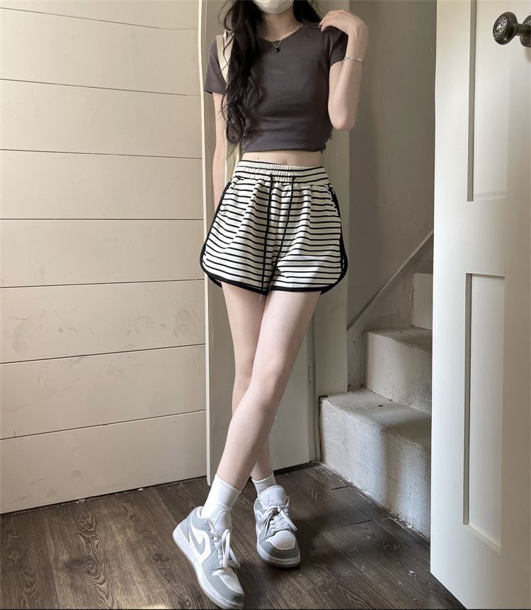 Shorts Drawstring Striped Waist