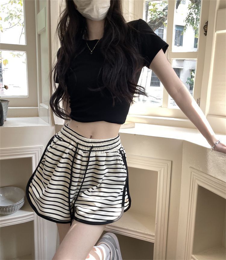 Shorts Drawstring Striped Waist