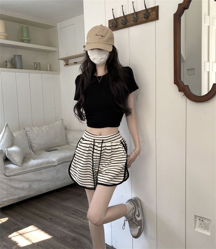 Shorts Drawstring Striped Waist