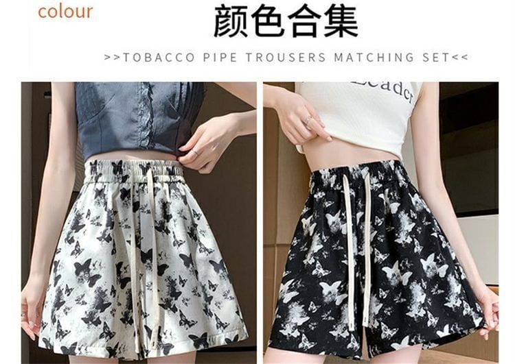 Drawstring Butterfly Shorts Waist Print