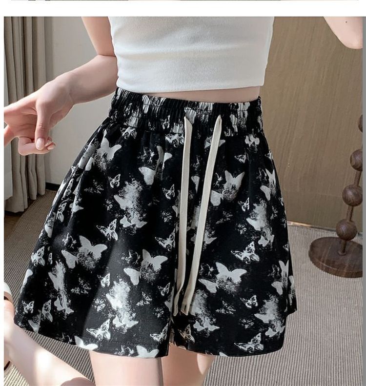 Drawstring Butterfly Shorts Waist Print